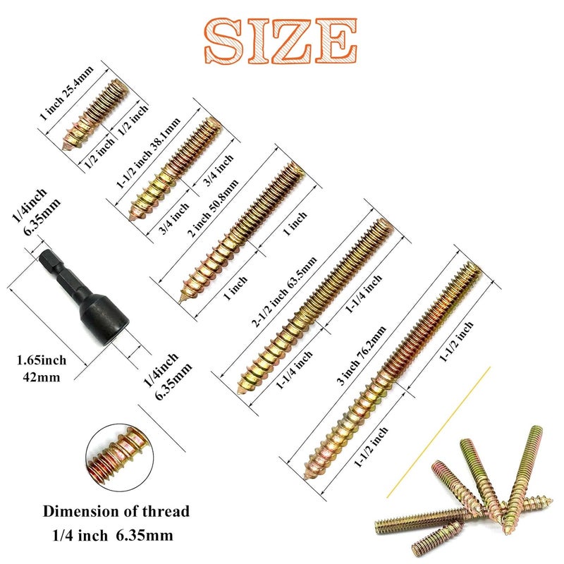 Matrelt 41 Pack 1/4-20" Hanger Bolts 5Sizes 1-3 Inch Include1 pcs Hanger Bolt Driver Double Headed Bolts Wood Dowel Screw Self-Tapping Screw for Furniture Screws Wood Screws Double Threaded Rods - Image 2